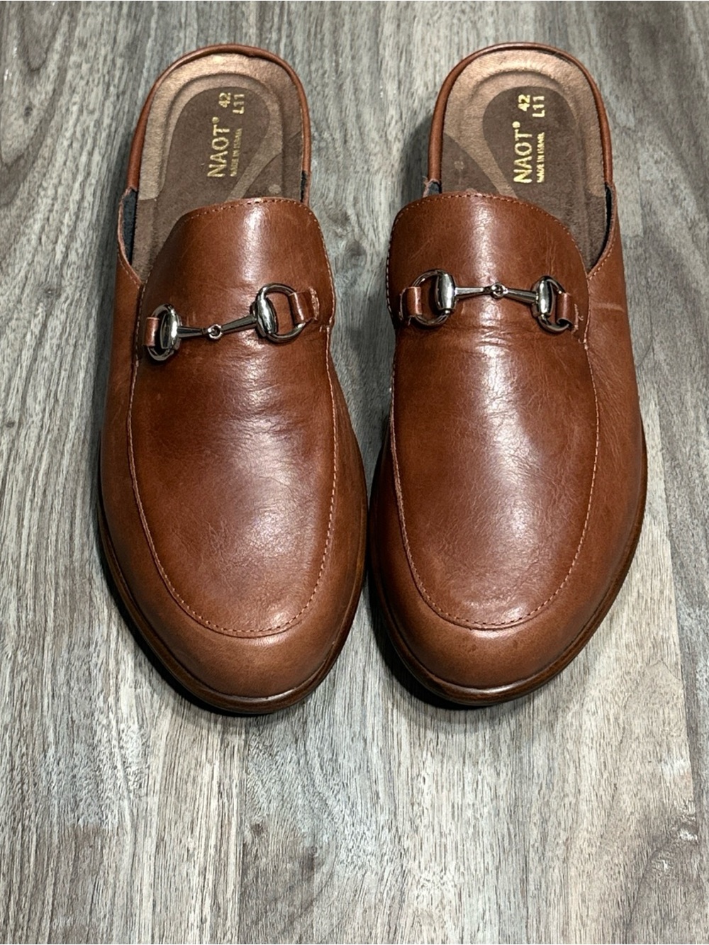 Naot Women’s Brown Leather Mule Clogs with Metal Bit Accent